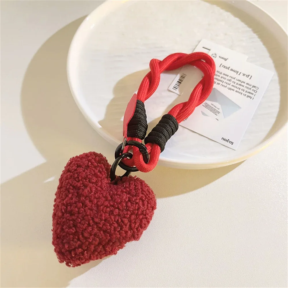 Plush Love Heart Lanyard Keychains Key Chain Rings Phone Strap Mesh Landyard Bags Braided Strips Keycord Hanging Accessories