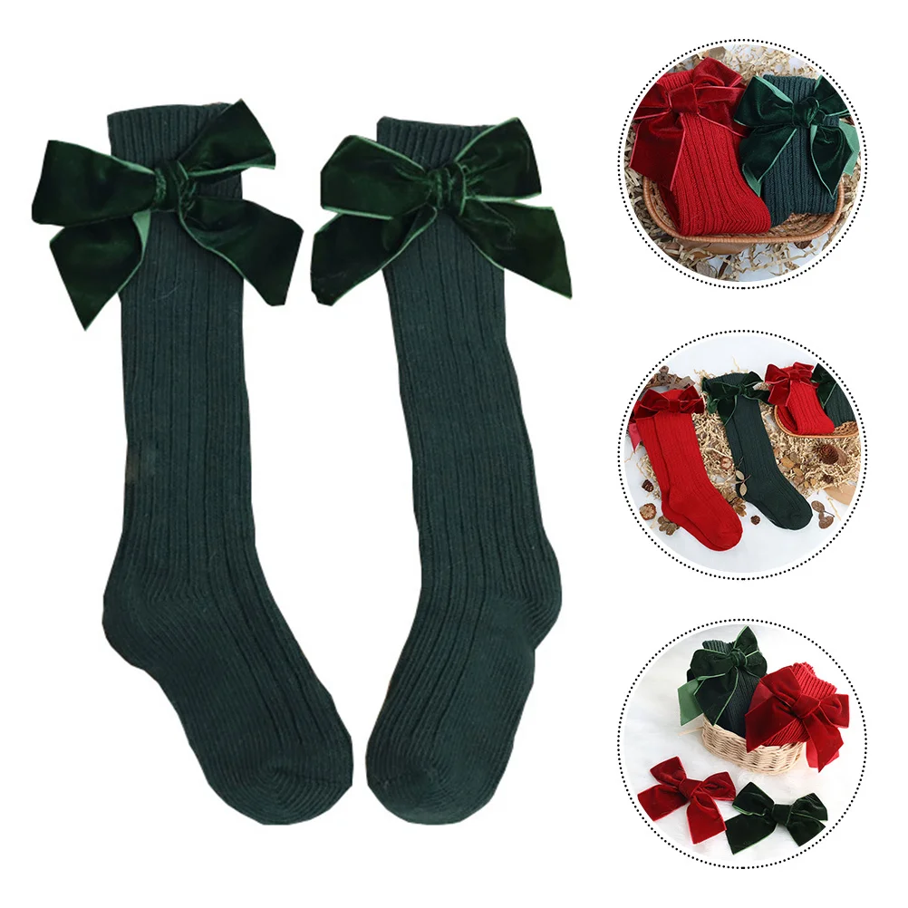 

1Pair Children Solid Color Bowknot Cotton Stockings Mid-Calf Winter Socks Warm Knee High Socks Breathable Cotton Stockings