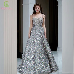 Customized Luxury Sequins Silvery Evening Dress Sexy Seetheart A-line Sleeveless Glistening Beading Prom Party Gowns for Women