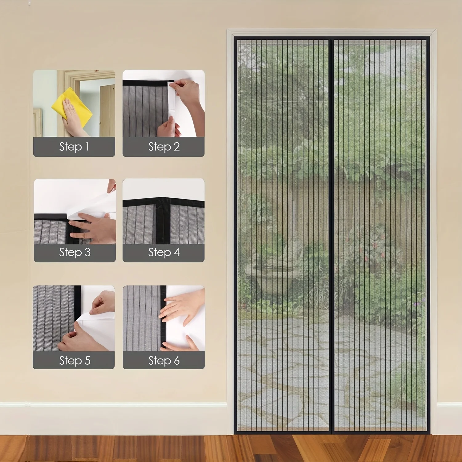 Summer Black Scratch-Resistant Magnetic Door Curtain - No-Drill Easy Install, Hands-Free Automatic Closing for Cats & Dogs