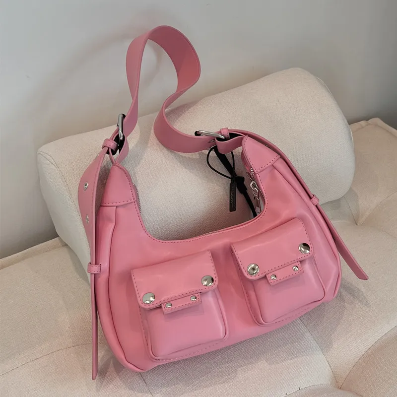 PU Leather Shoulder Bag for Women Causal Luxury Handbags and Purse Female Designer Hobos Bag Small Brand Crossbody Bags Pink