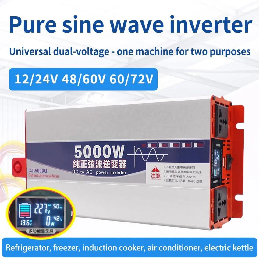 Pure Sine Wave 5000W Universal Voltage Inverter 12V/24V 48V/60V to 220V Converter Transfer Charging Adapter