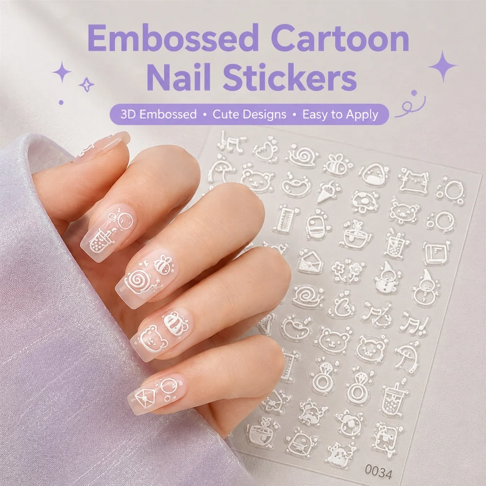 1Pc Simple Sketch Embossed Nail Stickers Black White Cartoon Animal Snail Flower Pattern Sliders For Creative Manicure Decor