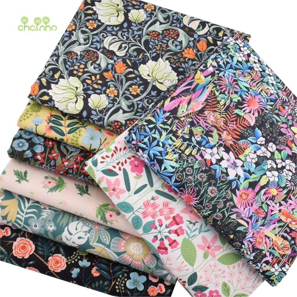 Chainho,Printed Twill Weave Cotton Fabric,Patchwork Cloth,DIY Quilting Sewing Material,Home Textiles ,Black Floral Series,CC041