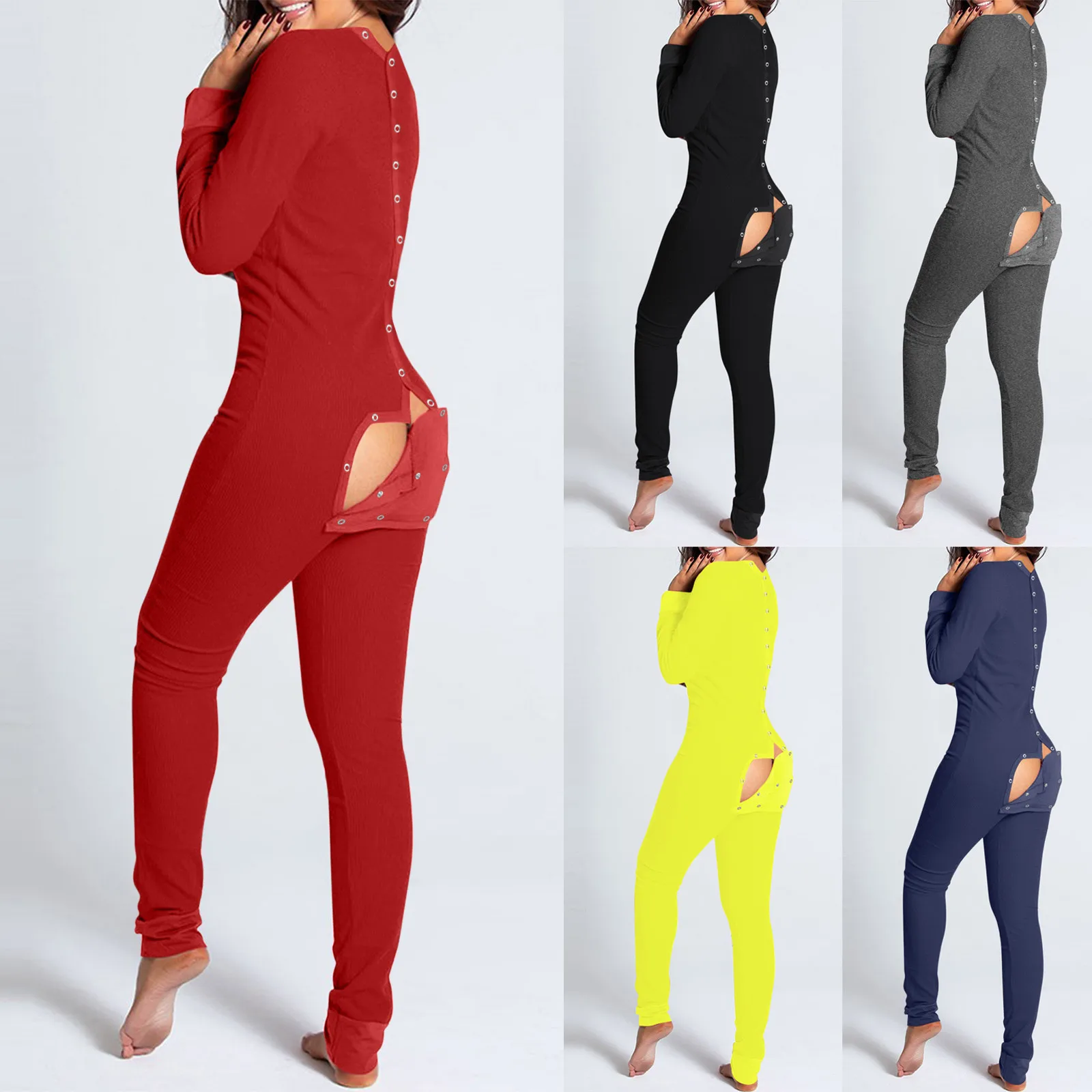 Sexy Pyjama Women\'s Jumpsuit Suit Button-down Front Back Butt Bum open Ass Flap Jumpsuit Loungewear Solid Buttoned NEW