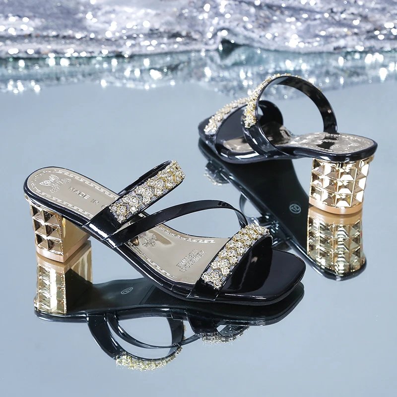 Women Summer Fashion Rhinestone Slipper Sexy Hollow Out Chunky High Heels Sandals Crystal Party Shoes Woman Flip Flops