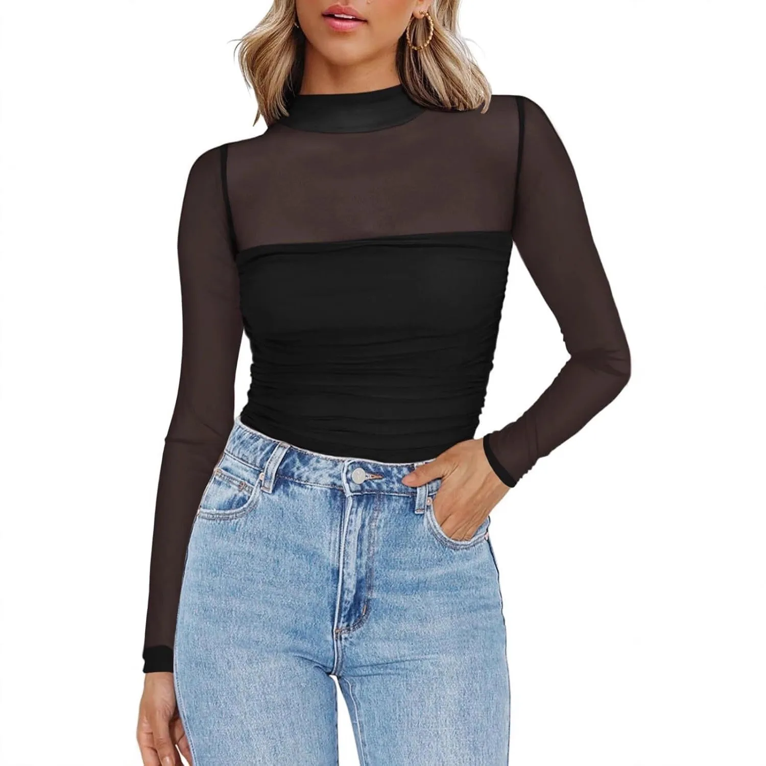 Women's Solid Color Sheer Mesh Round Neck Slim Fit Knit Blouse T-shirt Woman Top for Women in Black Red Brown Olive Green view 2