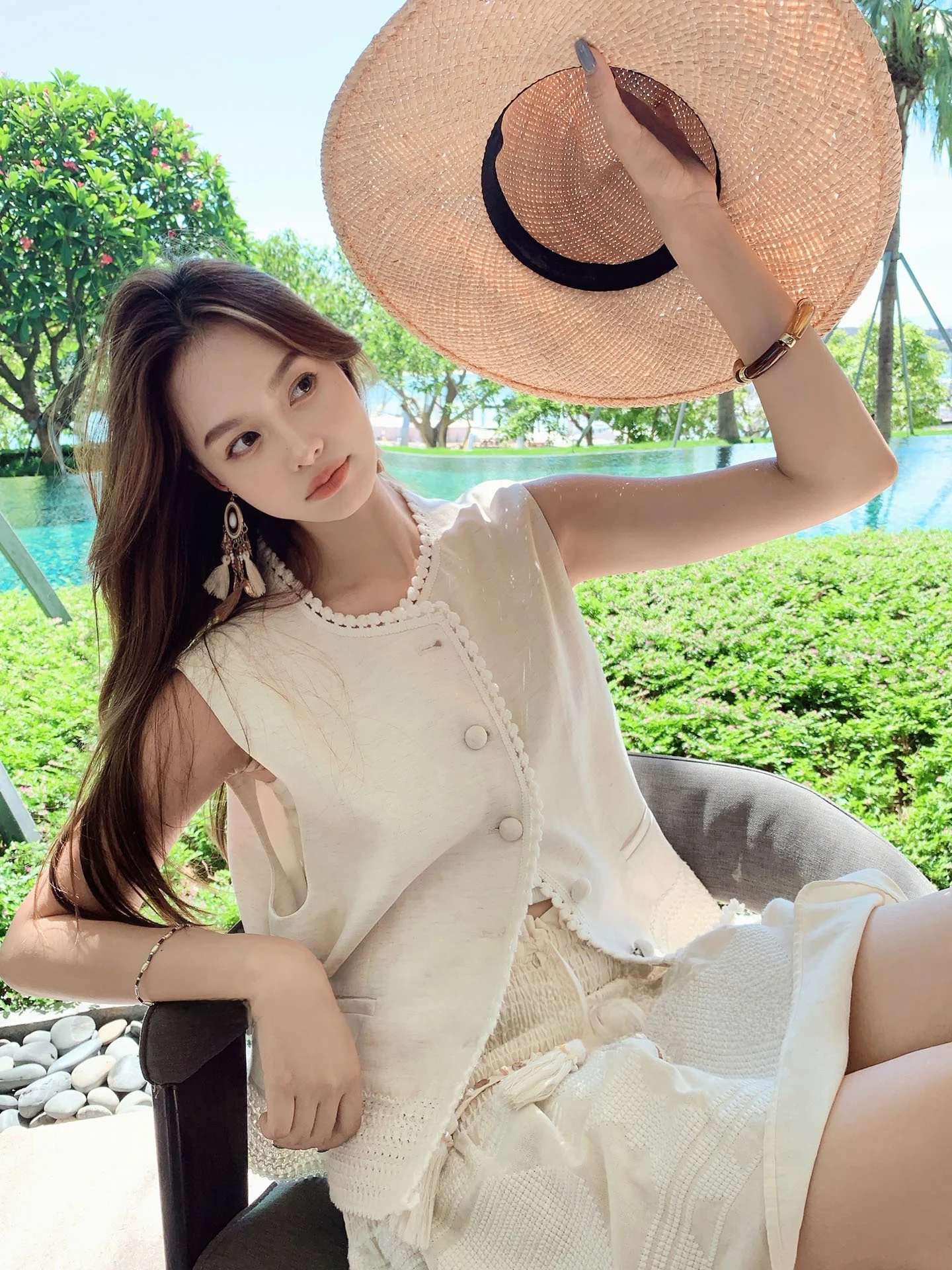 

Льняной жилет Meiyang с кружевной отделкой, круглым вырезом, белый, универсальный, короткий, стандартный крой, теплый