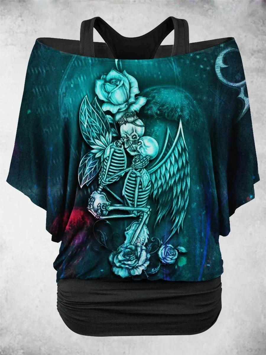 PLstar Cosmos 3D Printed Horror Skull Pattern Faux Two-Piece Top Women's Casual T-Shirt Harajuku Streetwear