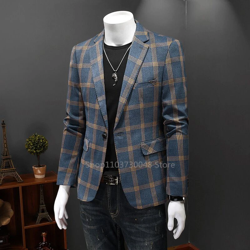 Men High Quality Business Suit Jackets Man Slim Fit Plaid Notch Lapel One Button Blazers Man Casual Fashion Suit Coat 6XL-S