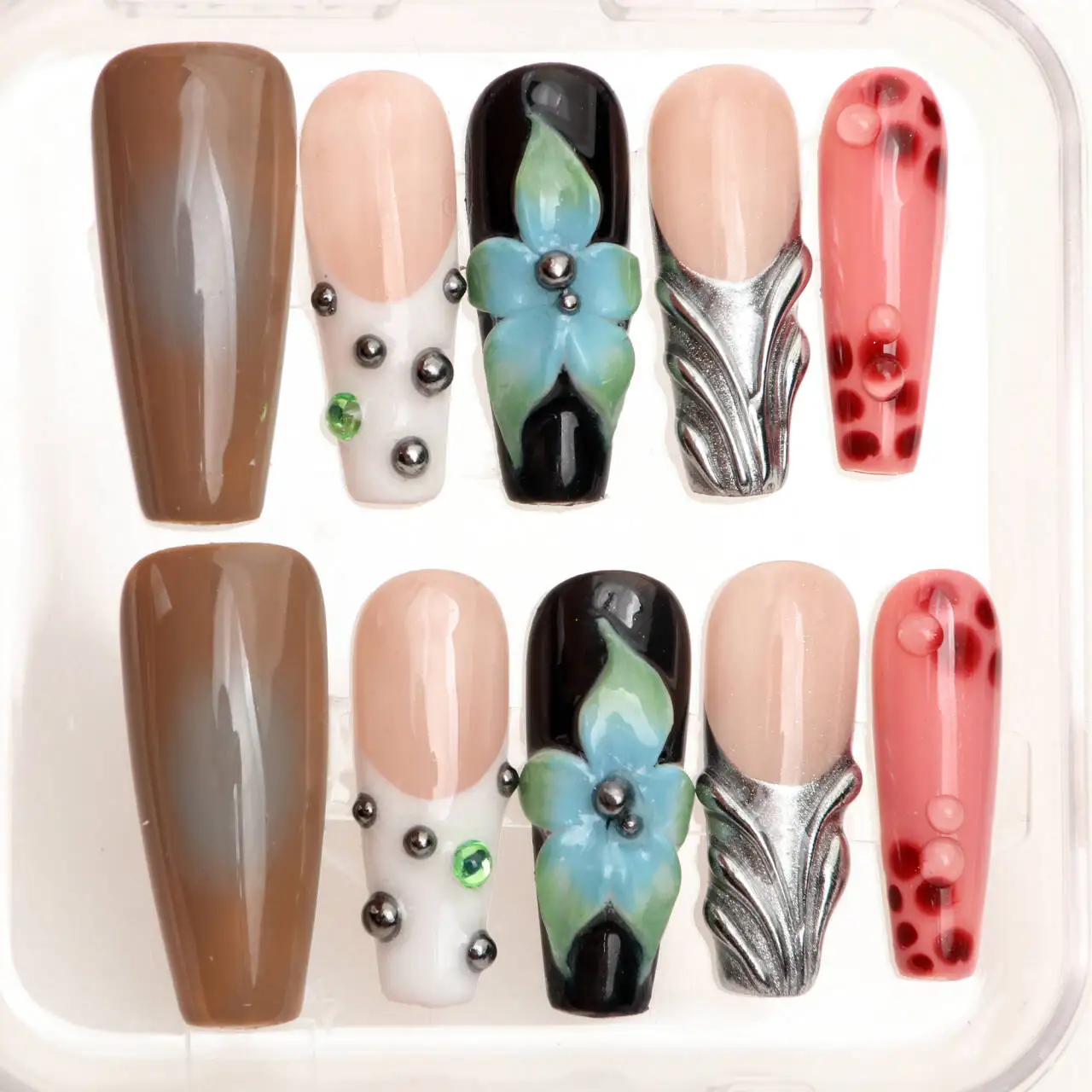 10Pcs 3D Manicure Press On Nails,handmade Long Coffin nails,New Cut Flowers Press On Nails Design with Adhesive Nail File Set