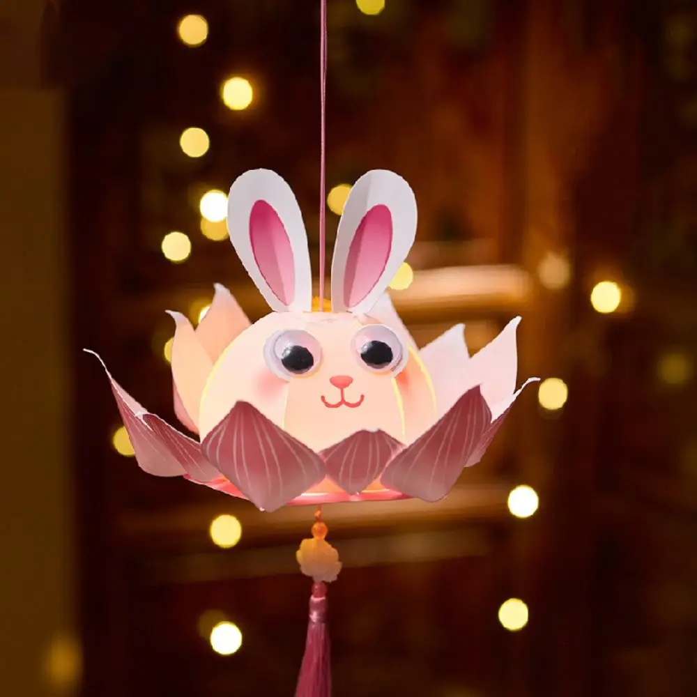 

DIY Material Bag Mid-Autumn Festival Lantern DIY Handmade Lotus Flower Shape Handheld Rabbit Lantern Luminous Chinese Style