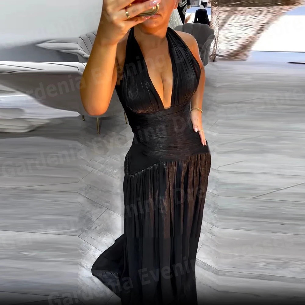 

Sexy Black Mermaid Women's Evening Dresses Halter Neck Prom Gowns Customized Sleeveless Backless Vestidos Para Mujer Elegantes