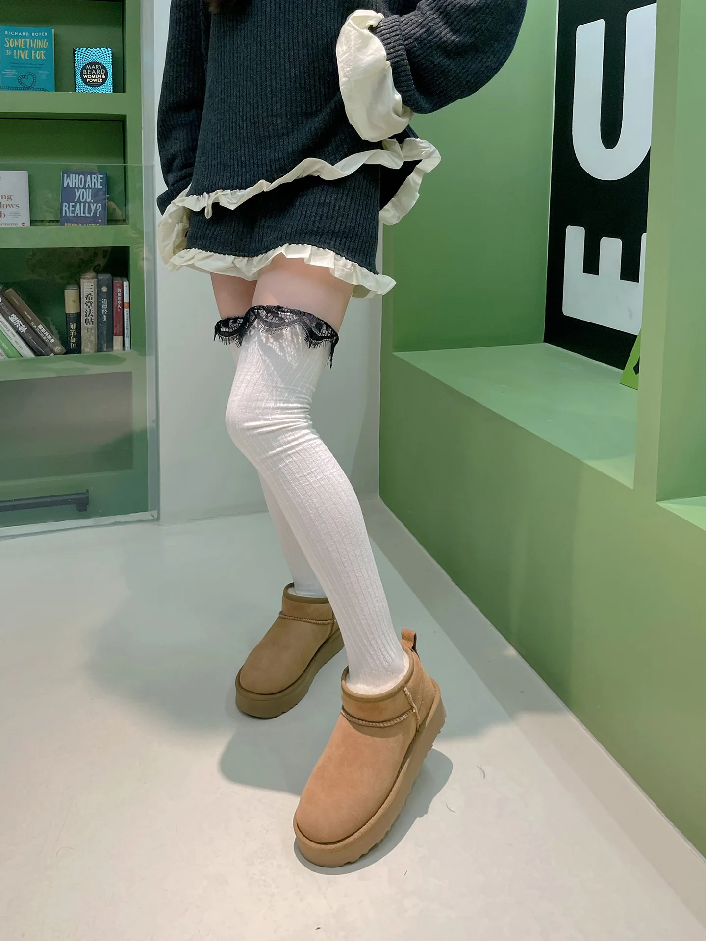 Fashion Personalized Black Lace Decorated Women's Over Knee Stockings Cotton Vertical Striped Lolita Thigh-High Socks Wholesale