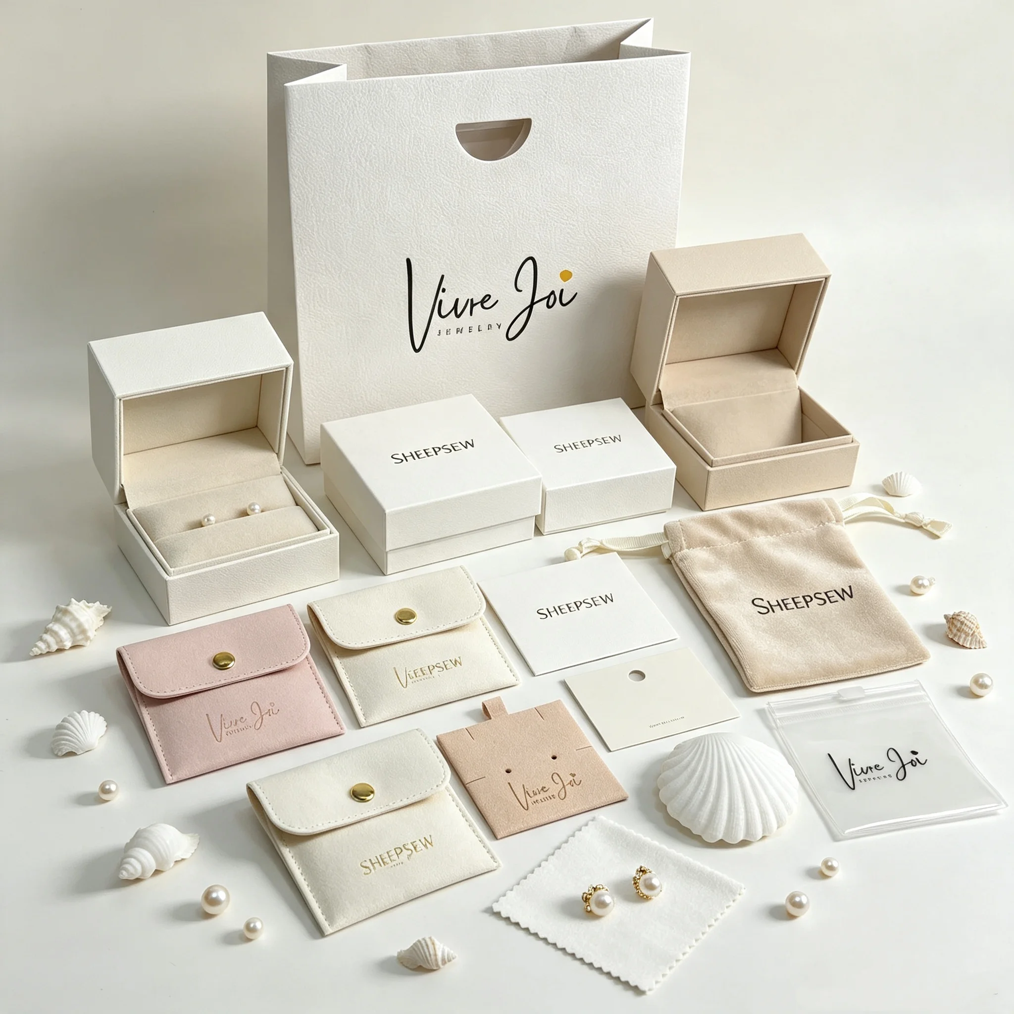 SheepSew SHEEPSEW Custom Logo Cardboard Jewelry Packaging Set, Microfiber Pouch & Jewelry Cleaning Cloth, Portable Modern Gift B