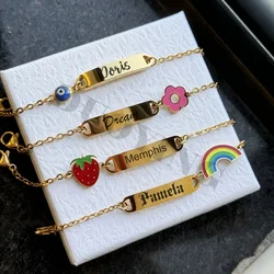 DUOYING Customised Rainbow Name Bracelet Engraved Letter ID Flower Bar Bangle Adjustable Strawberry Bracelet For Kids Gift