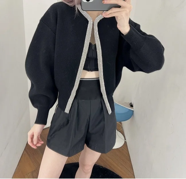 

Luxury Wool Version European Retro iny Diamond Faion Long Sve Knitted Wool Sweater Coat ort Cardigan Top for Women T...