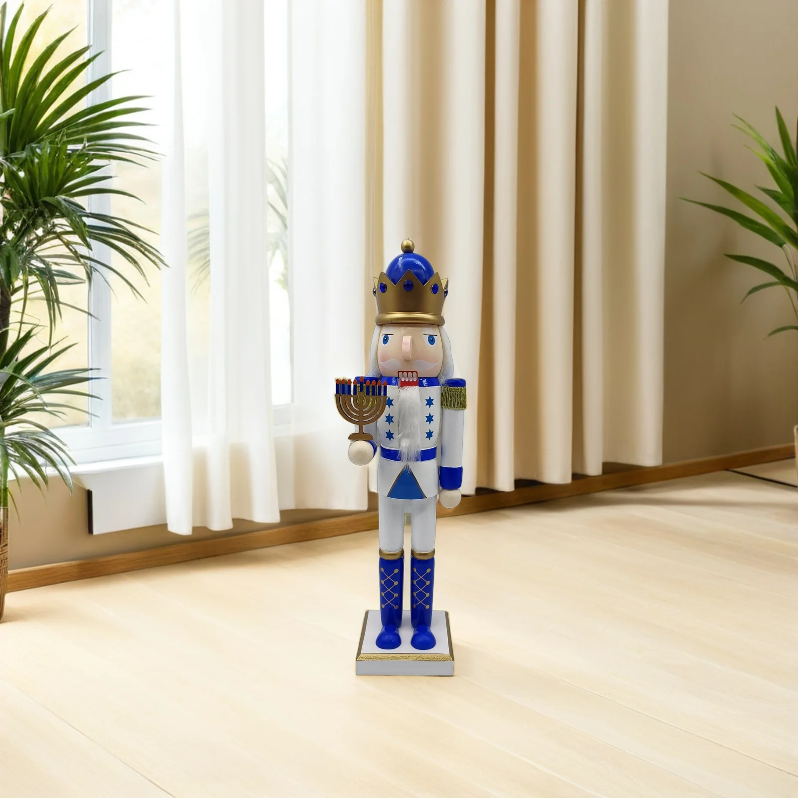 

38Cm Blue White Hanukkah Nutcracker Soldier Classic Wooden Ornament Judaica Party Supply Festive Mantel Shelf Christmas