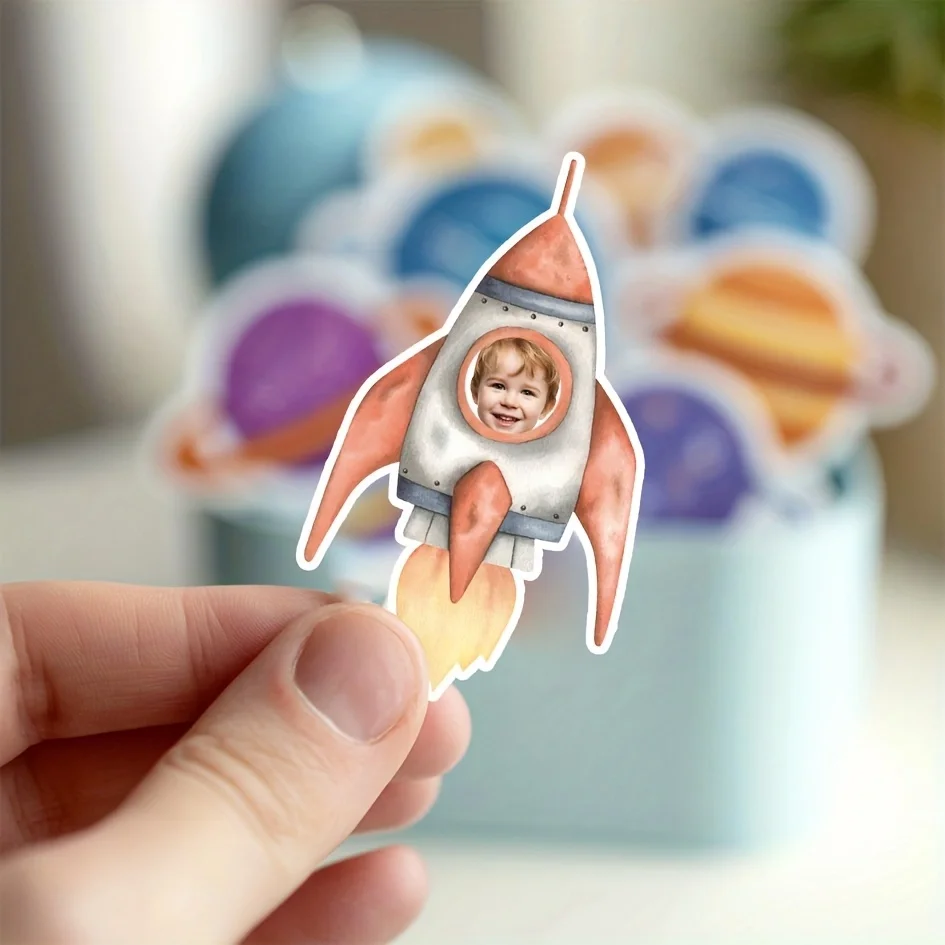 Custom Astronaut Photo Stickers Cartoon Rocket Avatar Personalized Space-Themed Birthday Gift for Fans of Space And Science