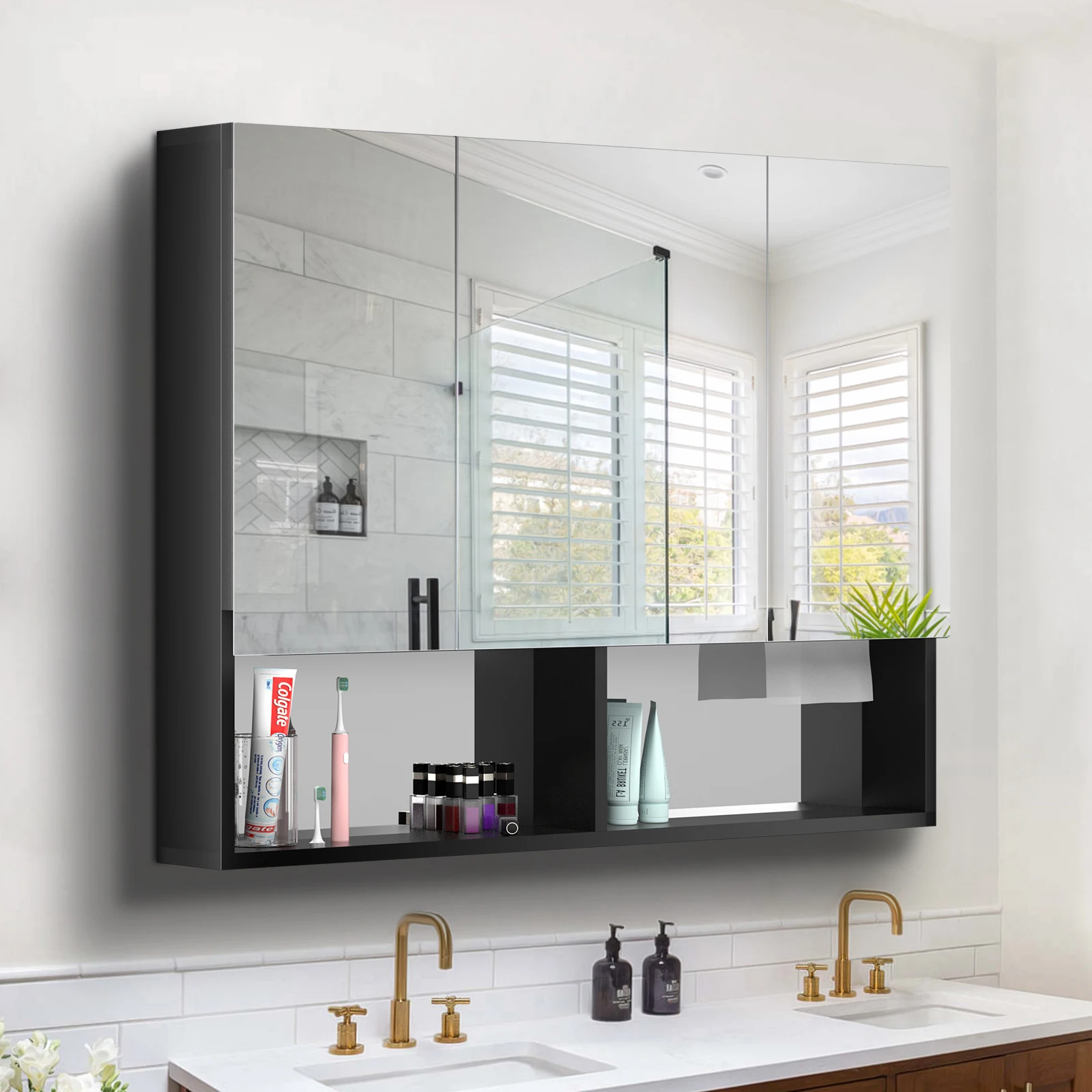 ZOOTING Medicine Cabinet, Bathroom Mirror Cabinet with 3 Doors H70cm x W100cm, Bathroom Wall Cabinet Storage Rack, Black.