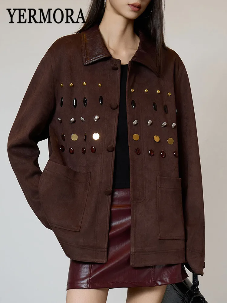 

YERMORA коричневая винтажная куртка с карманами и бисером для женщин, кожаная свободная куртка с лацканами и длинными рукавами, новое пальто, модное пальто, весна-осень 2025