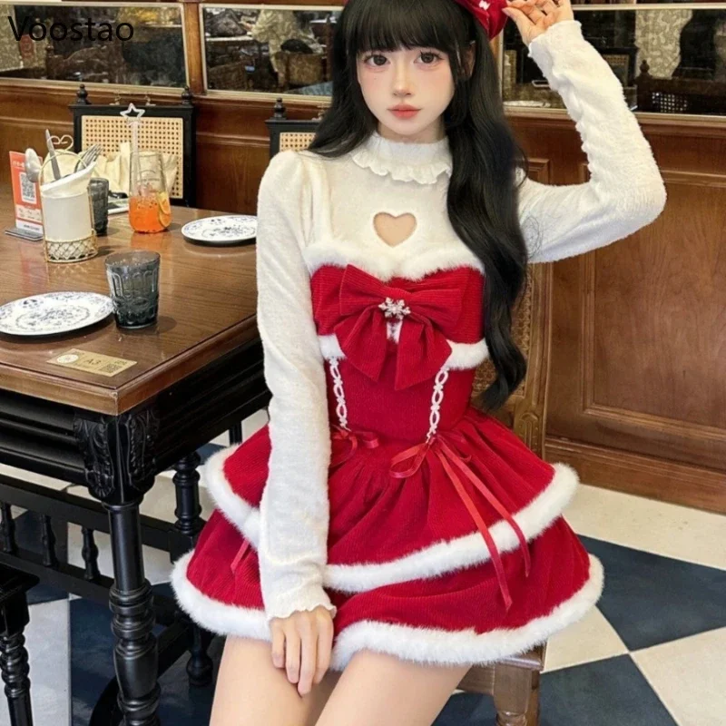 Winter Sweet Christmas Red Lolita 3 Piece Set Women Japanese Lace Up Hoodie Cloak Solid Top Cute Dress Suit Female Kawaii Outfit