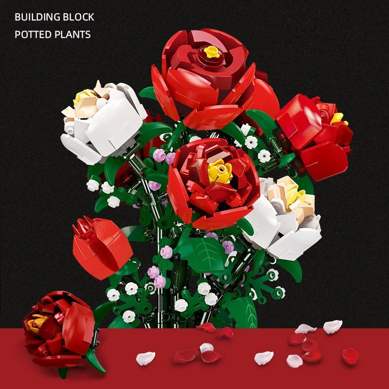 

Creative Red Rose Vase Building Blocks, Romantic Flowers Bouquet Potted Model Bricks Toy, Valentine's Day Gift