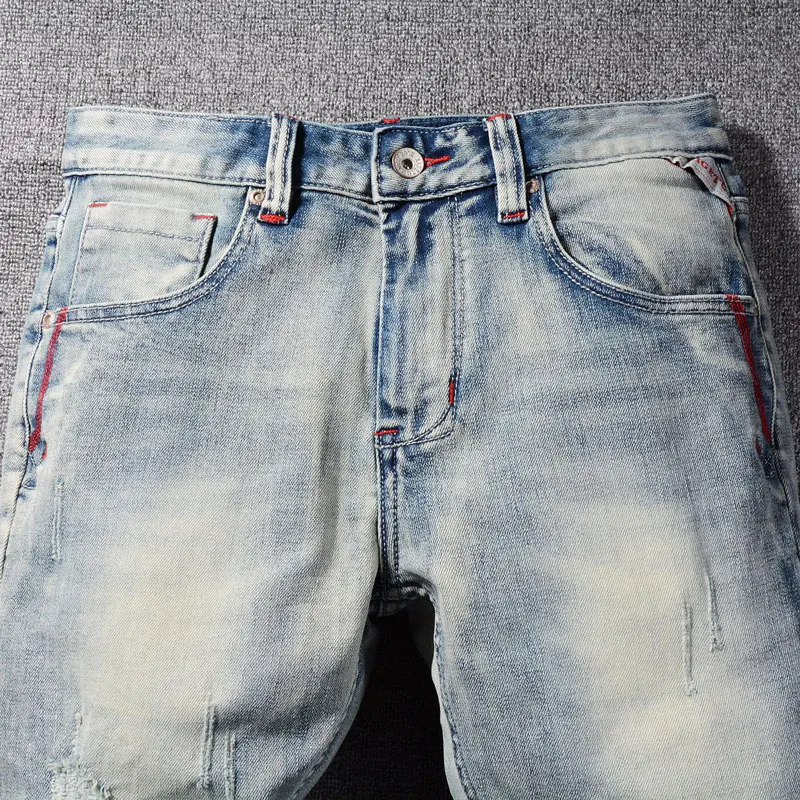 Street Fashion Men Jeans Retro Light Blue Stretch Slim Fit Hole Patched Ripped Jeans Men Embroidery Designer Vintage Denim Pants