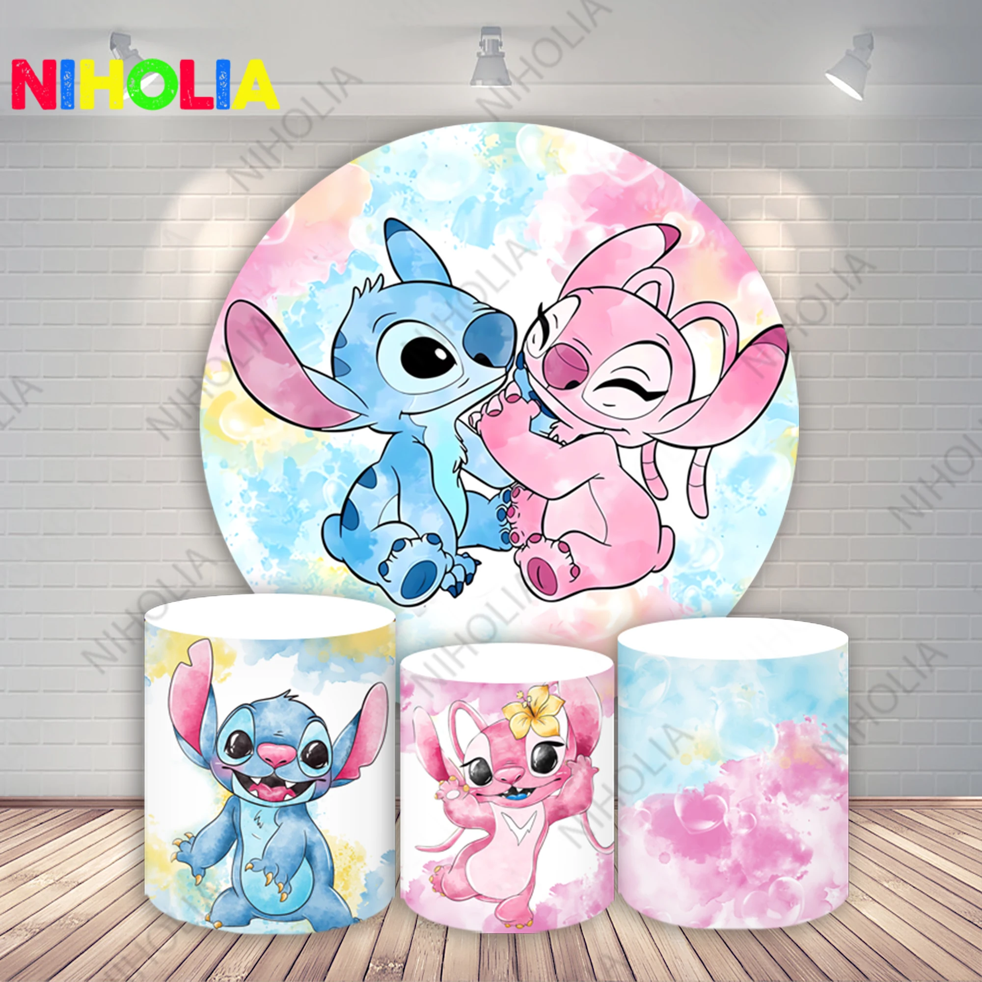 Stitch and Angel Round Photo Backdrop Kids Birthday Party Baby Shower Decoration Background Cylinder Cover For Cake Table