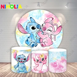 Stitch and Angel Round Photo Backdrop Kids Birthday Party Baby Shower Decoration Background Cylinder Cover For Cake Table