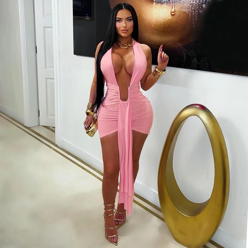 

New Summer Sexy Hottie Style V-Neck Halter Neck Strap Exposed Backpack Hip Dress Daily Date Fashion Nightclub Party Short Skirt