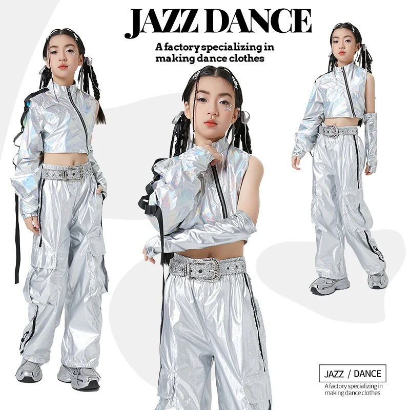 

Technical Sense New Kpop Hip Hop Performance Costumes Children's Jazz Dance Outfit Girls Runway Show Silvery Clothing XH2369