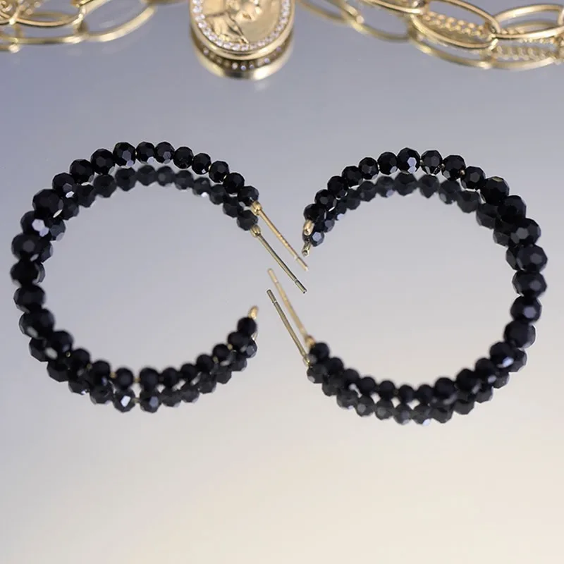 Large Black Crystal Beaded Hoop Earrings for Woman Trendy Women's Circle Jewelry Accessories Free Shipping Rings Wholesale 2023