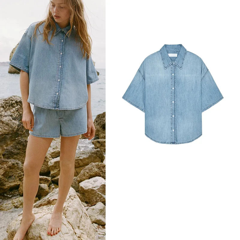 

Новая летняя женская джинсовая рубашка с коротким рукавом, однобортная, с множеством застежек, свободного кроя, однотонная, в повседневном стиле