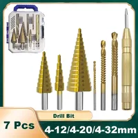 7PCS HSS Step Drill Bit Sets Center Punch Titanium Coated Cone Hole Cutter Spiral Twist Saw Drill Bit Broaching Hole Opener Tool