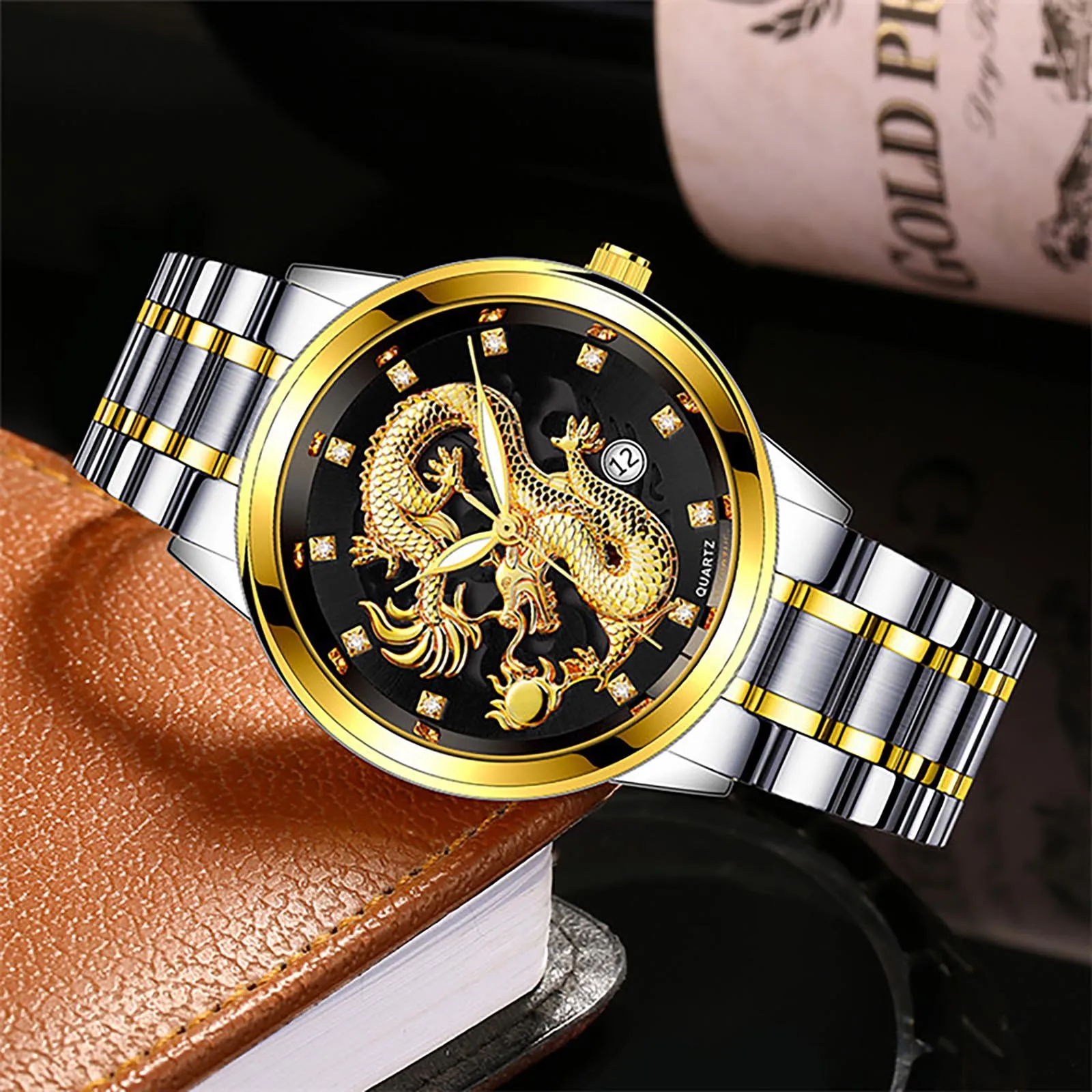 

2023 New Gold Watch Men Embossed Dragon Luxury Golden Stainless Steel Waterproof Luminous Business Wristwatch Relogio Masculino