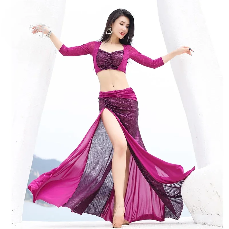 Belly Dance Practice Set for Women Sequin Half Sleeves Top+Sexy Split Long Skirt 2pcs Adult Oriental Dance Performance Costumes