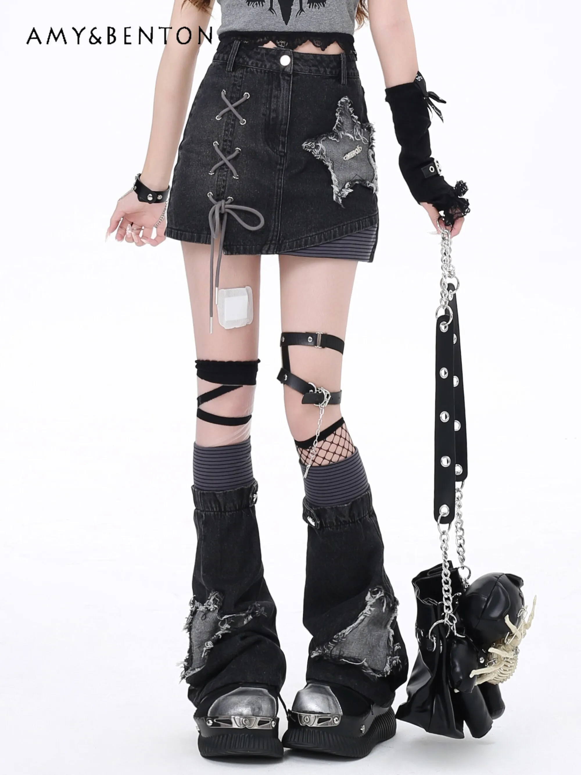 Subculture Street Cross Lace-up Graphic Embroidery Mini Skirt Summer New Harajuku Gothic Hot Girl Y2K A-line Skirt + Leg Warmer