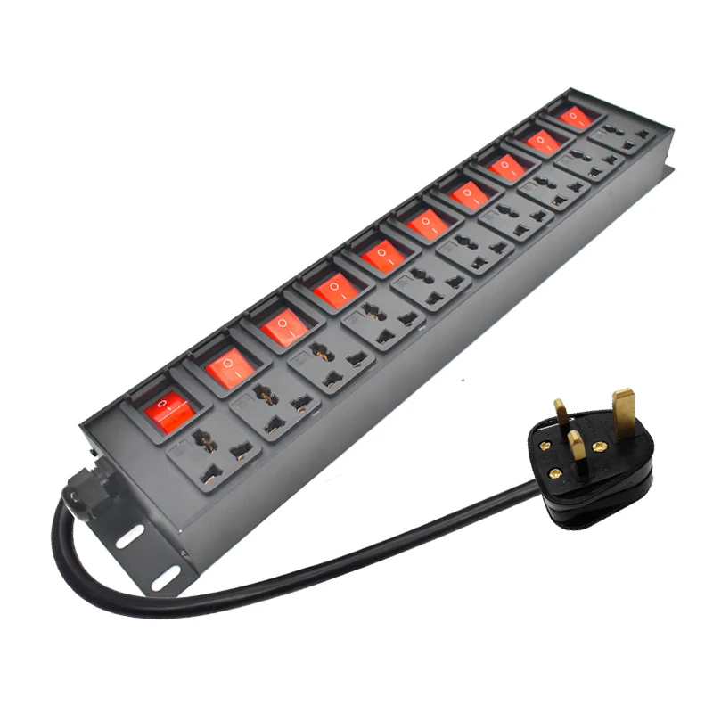 Power Strip Rede Armário Liga de Alumínio Independente Double Break Switch Soquete 10ac 10a Universal 2m Cabo de Extensão