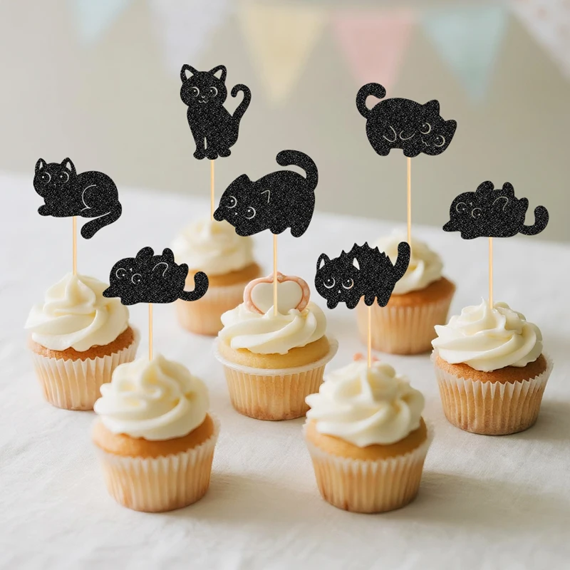 YOMDID 24 Stück Niedliche Katzen-Cupcake-Topper, Glitzernde Katzen-Kuchendekorationen für Kätzchen-Geburtstagsdekorationen, Dekoración Cumpleaños – Detail 1