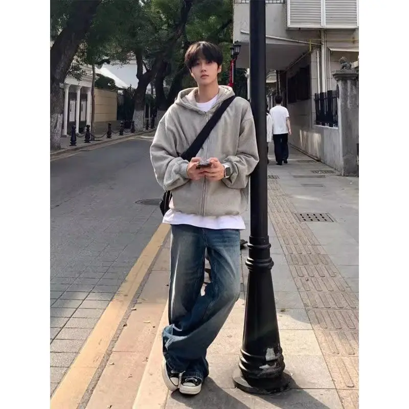 سويت شيرت بقلنسوة بتصميم سحاب أمريكي للرجال للخريف ماركة عصرية فضفاضة وغير رسمية للزوجين #4