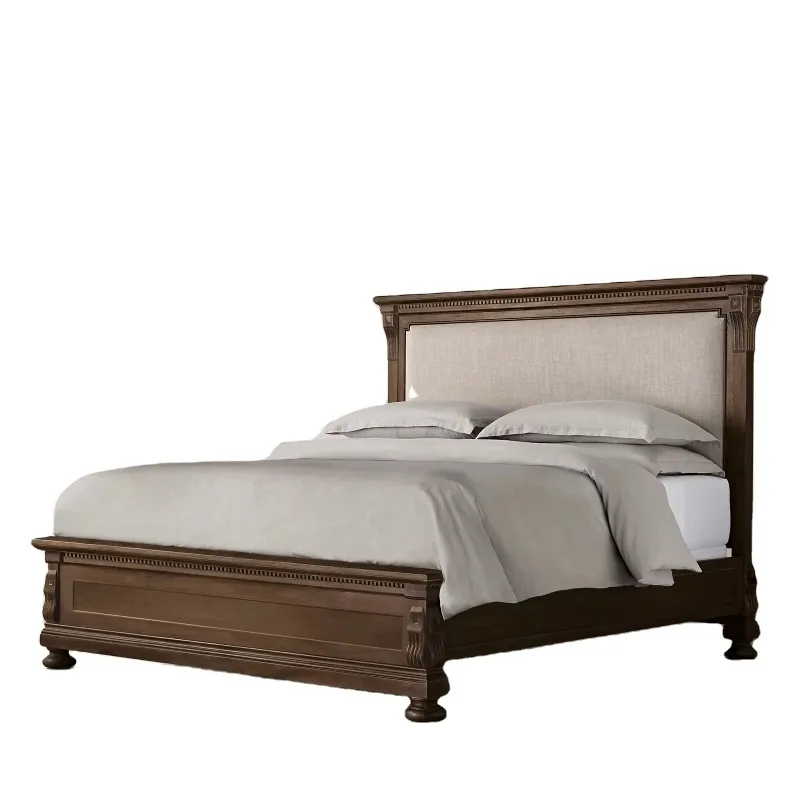 Luxury Modern American Style Bedroom Furniture Hotel Indoor Fabric Solid Wood Bed Home Use King Queen Wooden Bed