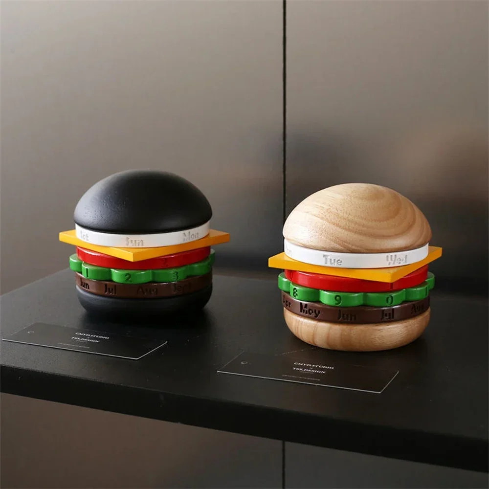 Burger Shape Calendar Solid Wood Home Decor Spinning Calendar Table Decoration Matching Gift Perpetual Desk Calendar