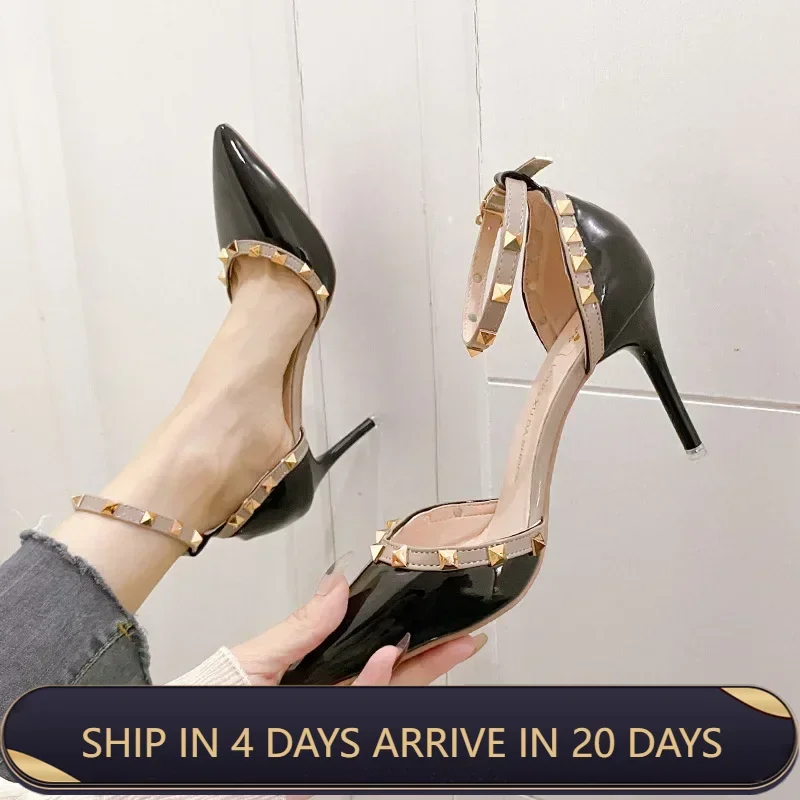 

Women's Vulcanize Shoes Spring New Pointed Toe High Heel Sandals Metal Studs Single Shoes