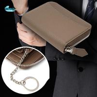Genuine Leather Men Short Wallet Anti-Theft with Key Ring Portable Coin Bag RFID Blocking Protection Wear-resistant