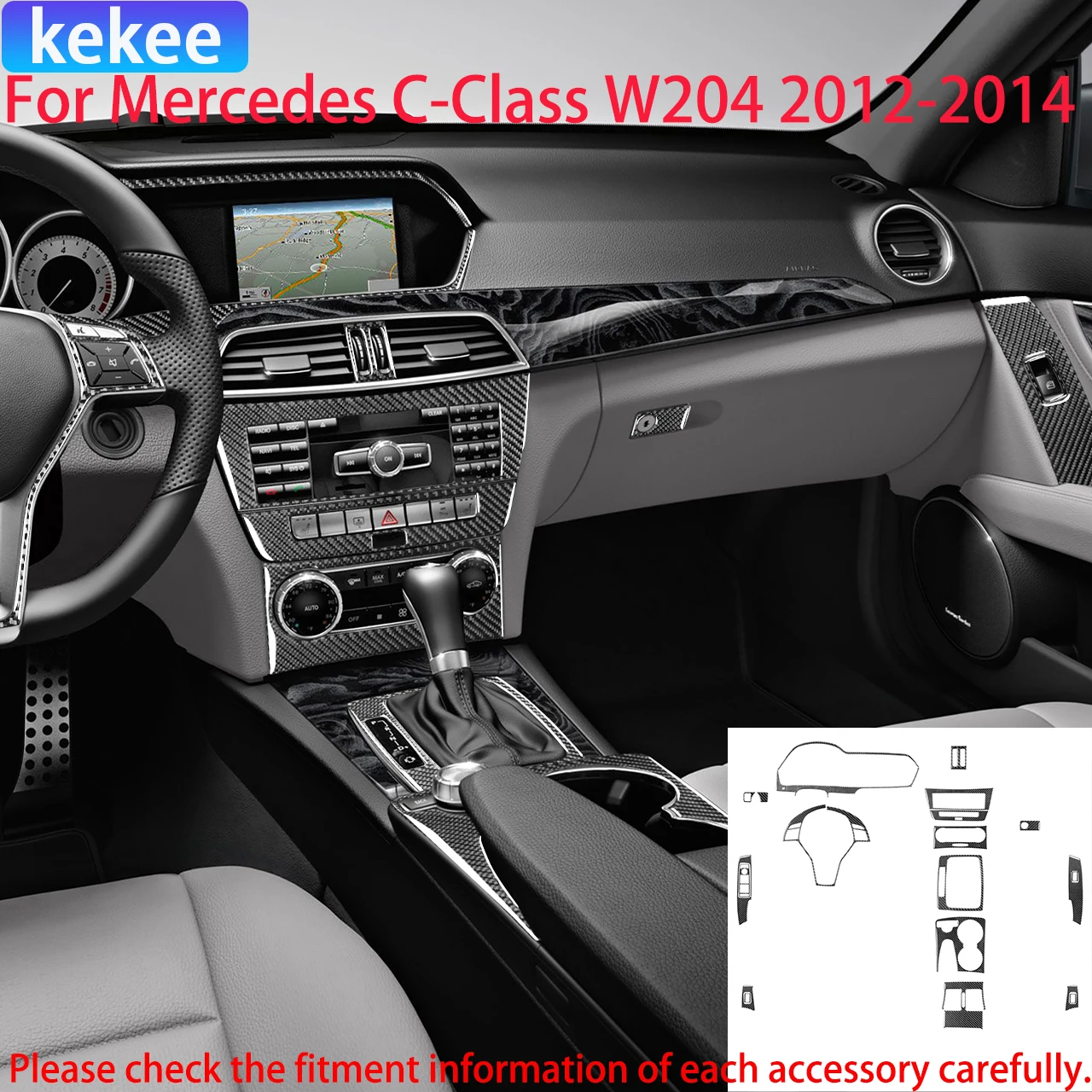 

For Mercedes Benz W204 Car Interior Accessories C Class 2012-2014 Headlight Switch Dashboard Gear Full Set Carbon Fiber Stickers