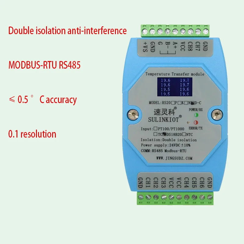 Módulo de Aquisição de Temperatura Ds18b20 de Canais Modbus-rtu Comunicação Rs485 Rs20d-c