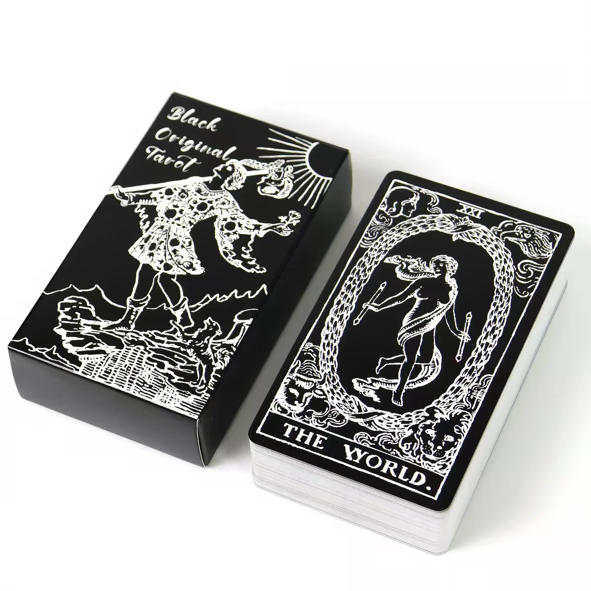 Jeu de cartes de tarot noires, 78 pièces, style Waite, illustrations en noir et blanc, cartes de tarot vintage avec motif de boussole au dos, pour divination et oracles.