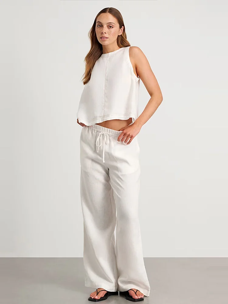 

Cotton Linen Vest Pants Set Women's Outfit Wide Leg Long Pants Sleeveless Top Casual Suit Spring Summer New Pant Sets