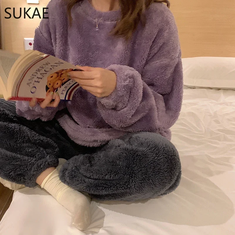 Suke Winter Warm-warm women pajamas set solid preppy girl pyjamas leisure long sleeves plush velvet sleepwear teenagers pijama